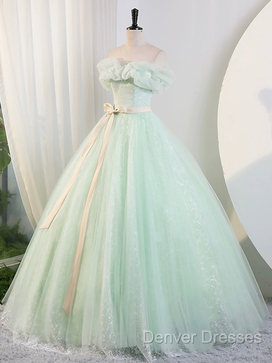Beautiful Sage Green Tulle Floor Length Prom Dress, A-Line Off The Shoulder Evening Part Dress Secondary image