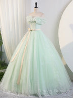Beautiful Sage Green Tulle Floor Length Prom Dress, A-Line Off The Shoulder Evening Part Dress