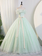 Beautiful Sage Green Tulle Floor Length Prom Dress, A-Line Off The Shoulder Evening Part Dress