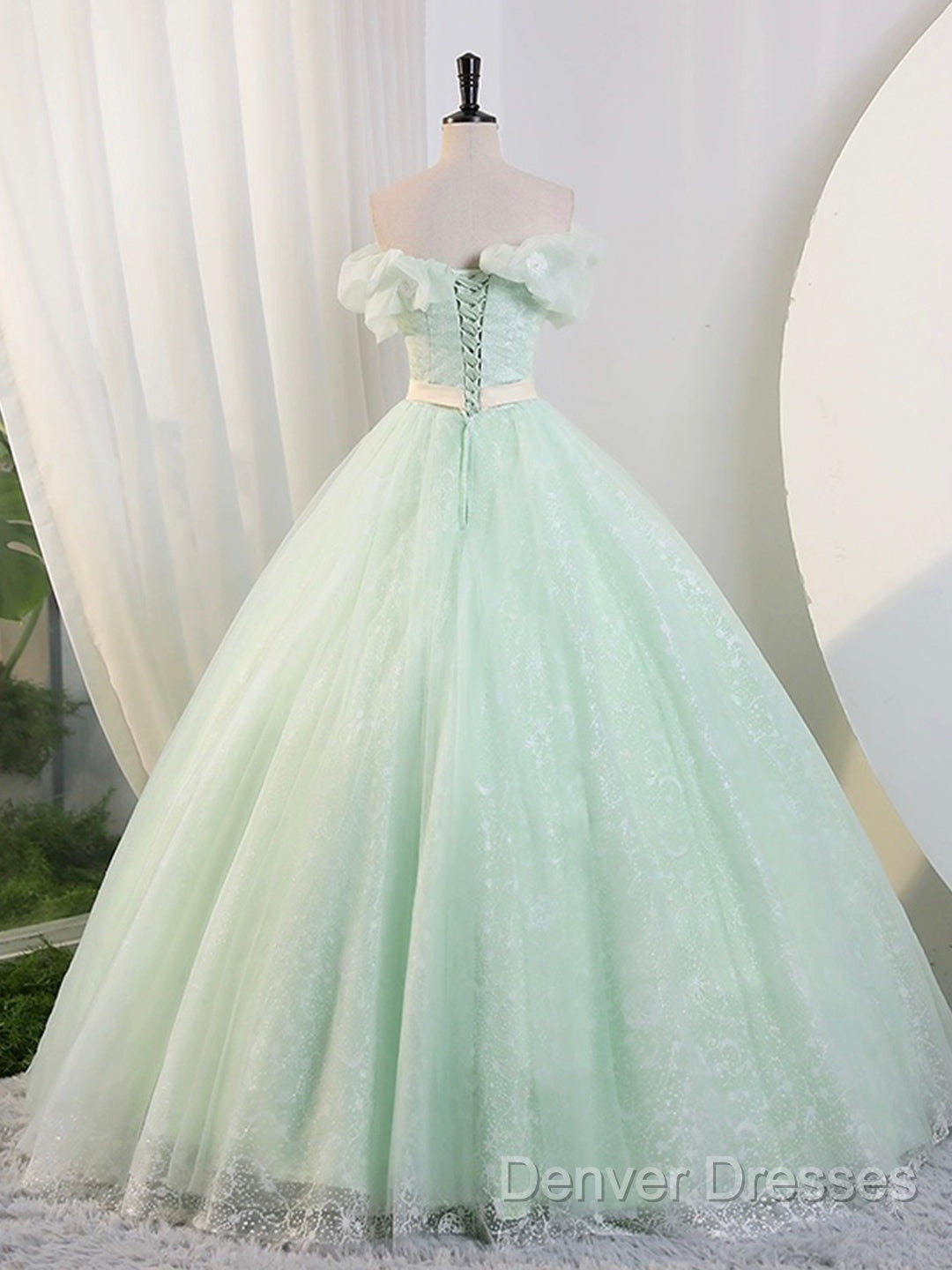 Beautiful Sage Green Tulle Floor Length Prom Dress, A-Line Off The Shoulder Evening Part Dress