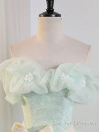 Beautiful Sage Green Tulle Floor Length Prom Dress, A-Line Off The Shoulder Evening Part Dress