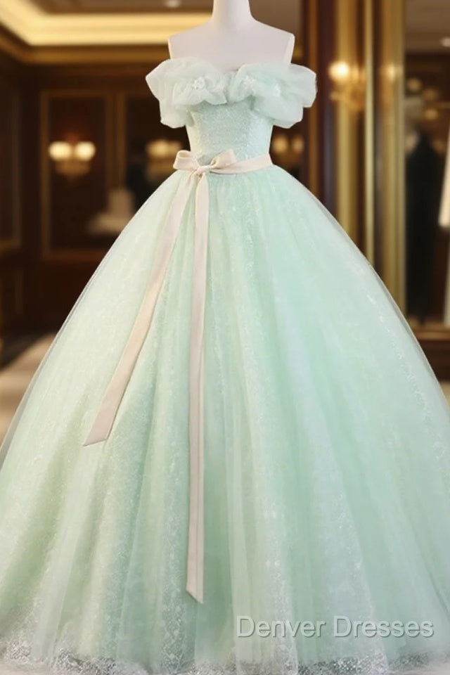 Beautiful Sage Green Tulle Floor Length Prom Dress, A-Line Off The Shoulder Evening Part Dress Main image