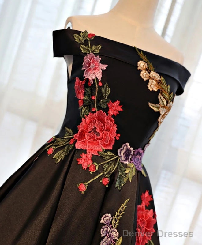 Beautiful Satin Black Tea Length Party Dress, Floral Black Formal Dress Secondary image