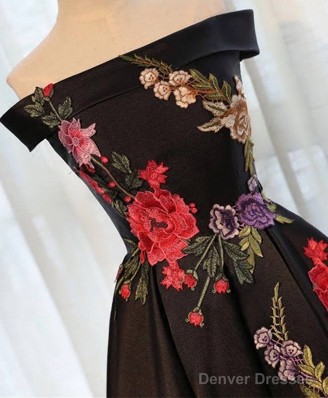 Beautiful Satin Black Tea Length Party Dress, Floral Black Formal Dress