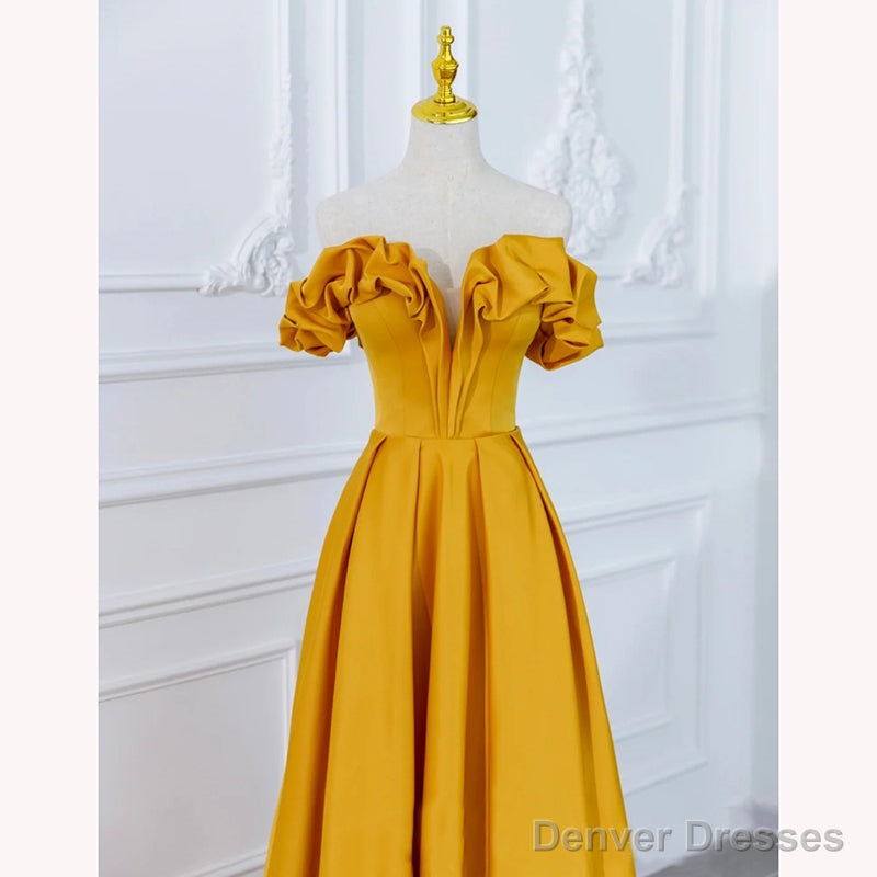 Beautiful Satin Dark Yellow Off Shoulder Party Dress, A-Line Satin Prom Dress Secondary image