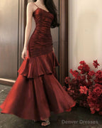 Beautiful Satin Long Mermaid Straps Evening Dress Formal Dress, Wine Red Satin Prom Dress