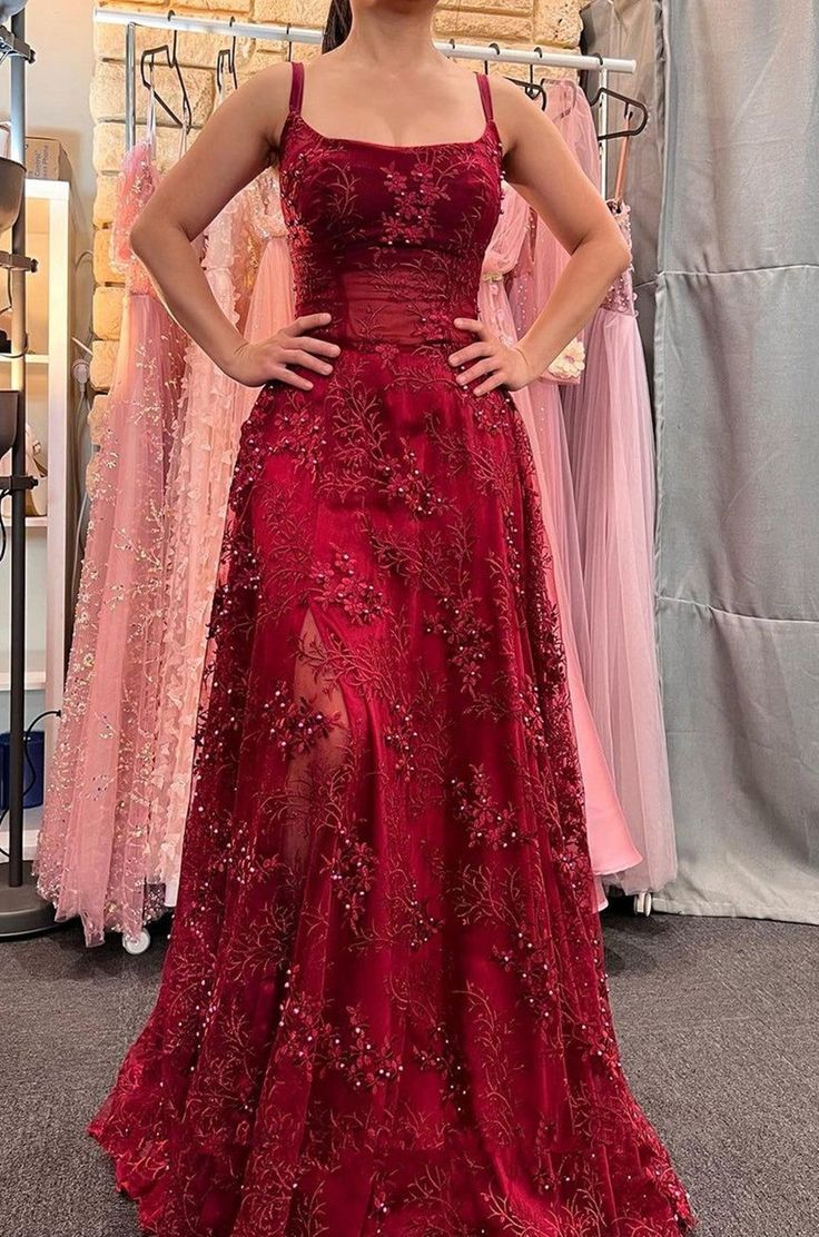 Beautiful Satin Spaghetti Straps Lace Appliques Prom Dress Evening Dress