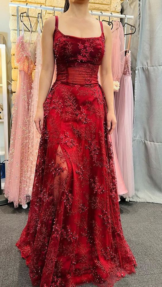 Beautiful Satin Spaghetti Straps Lace Appliques Prom Dress Evening Dress Main image