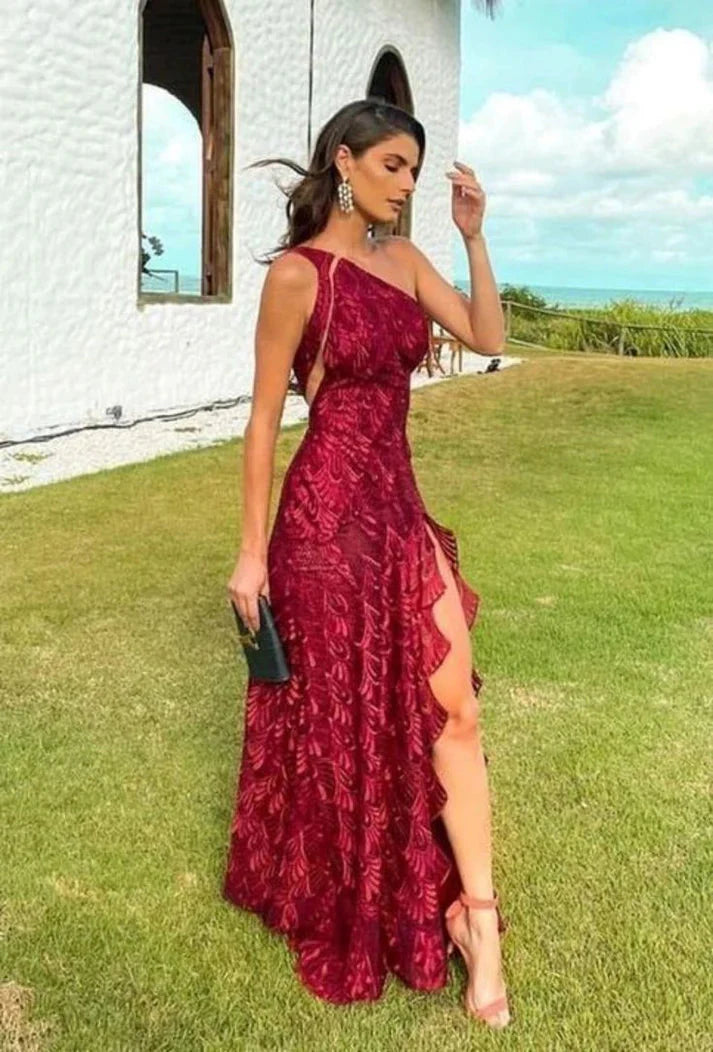 Beautiful Sheath One Shoulder Lace Long Prom Dress Evening Dress Secondary image