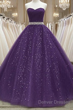 Beautiful Shiny Purple Tulle Beaded Ball Gonw Party Dress, Purple Prom Dress
