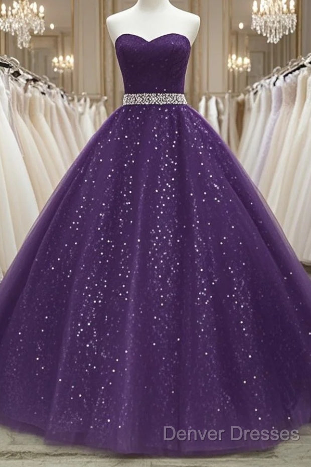 Beautiful Shiny Purple Tulle Beaded Ball Gonw Party Dress, Purple Prom Dress