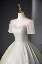 Beautiful Silver Glitter Floor Length Prom Dress, A-Line Short Sleeve Evening Party Dress