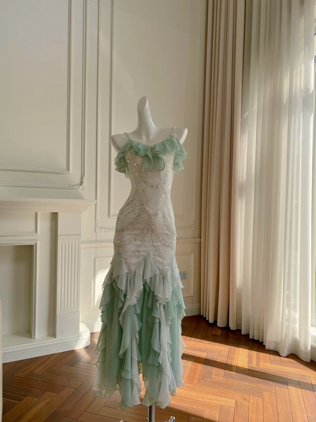Beautiful Spaghetti Strap Mermaid Beaded Chiffon Prom Dress Main image
