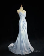 Beautiful Spaghetti Strap Mermaid Glitter Satin Long Prom Backless Applique Evening Gown Simple Wedding Dress