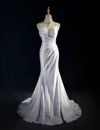Beautiful Spaghetti Strap Mermaid Glitter Satin Long Prom Backless Applique Evening Gown Simple Wedding Dress
