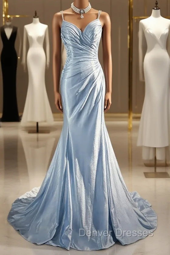 Beautiful Spaghetti Strap Mermaid Glitter Satin Long Prom Backless Applique Evening Gown Simple Wedding Dress Main image