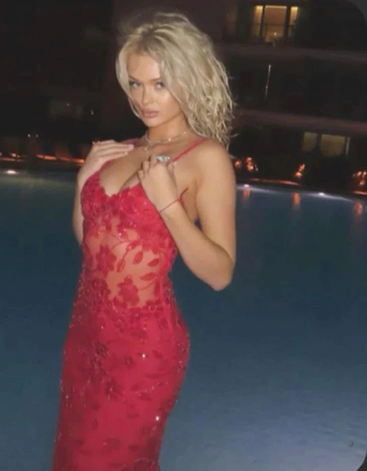 Red Fashion Sexy Elegant Lace Spaghetti Strap Long Birthday Party Dress Prom Dress Evening Dress