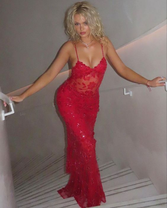 Red Fashion Sexy Elegant Lace Spaghetti Strap Long Birthday Party Dress Prom Dress Evening Dress Main image