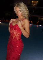 Beautiful Spaghetti Straps Birthday Party Dress Red Lace Prom Dress