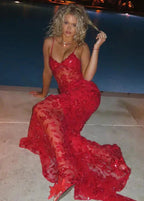 Beautiful Spaghetti Straps Birthday Party Dress Red Lace Prom Dress