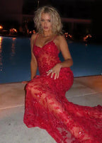 Beautiful Spaghetti Straps Birthday Party Dress Red Lace Prom Dress