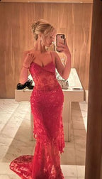 Beautiful Spaghetti Straps Birthday Party Dress Red Lace Prom Dress
