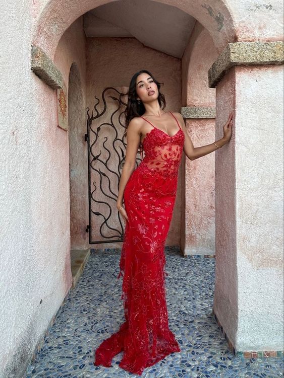Beautiful Spaghetti Straps Birthday Party Dress Red Lace Prom Dress