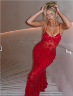 Beautiful Spaghetti Straps Birthday Party Dress Red Lace Prom Dress