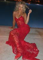 Beautiful Spaghetti Straps Birthday Party Dress Red Lace Prom Dress
