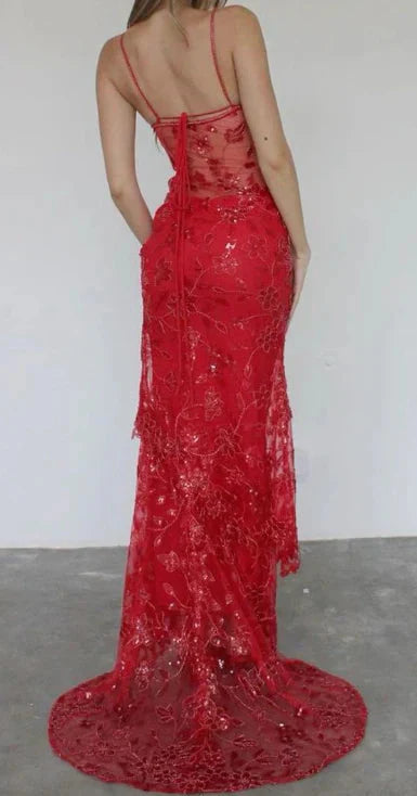 Beautiful Spaghetti Straps Birthday Party Dress Red Lace Prom Dress