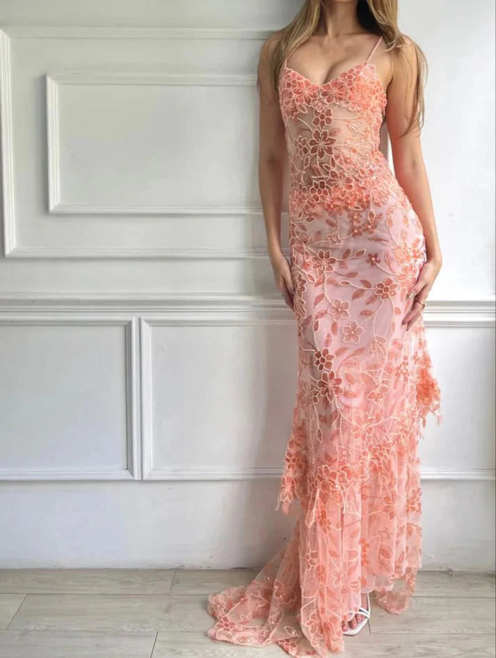 Beautiful Spaghetti Straps Birthday Party Dress Red Lace Prom Dress