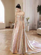 Beautiful Sparkly Sequins Long Prom Dress, Champagne Off Shoulder Evening Dress