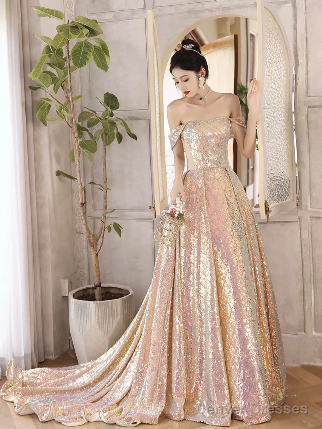 Beautiful Sparkly Sequins Long Prom Dress, Champagne Off Shoulder Evening Dress Main image