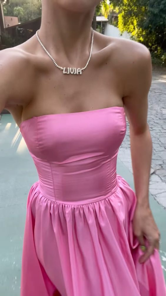 Classic Pink A-Line Strapless Side Slit Long Party Prom Dress Secondary image