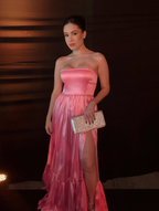 Classic Pink A-Line Strapless Side Slit Long Party Prom Dress