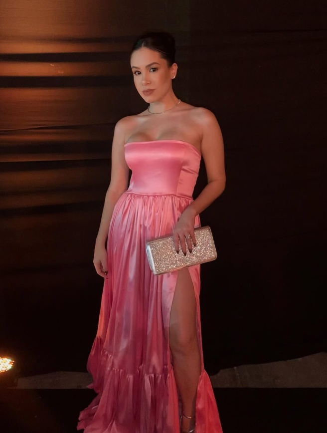 Classic Pink A-Line Strapless Side Slit Long Party Prom Dress