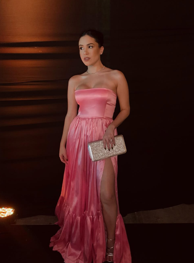 Classic Pink A-Line Strapless Side Slit Long Party Prom Dress