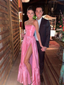 Classic Pink A-Line Strapless Side Slit Long Party Prom Dress