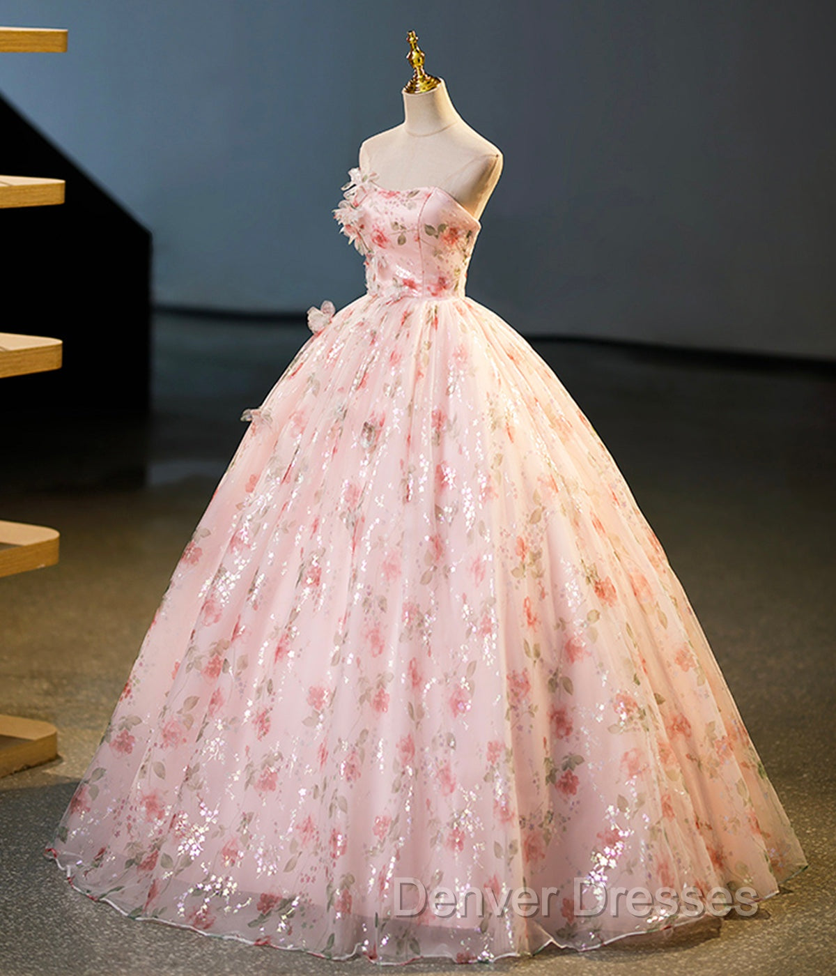 Beautiful Strapless Tulle Flower Long Pink Ball Gown Secondary image