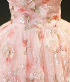 Beautiful Strapless Tulle Flower Long Pink Ball Gown