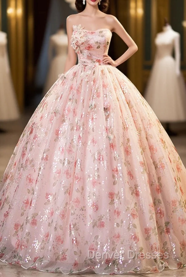 Beautiful Strapless Tulle Flower Long Pink Ball Gown Main image