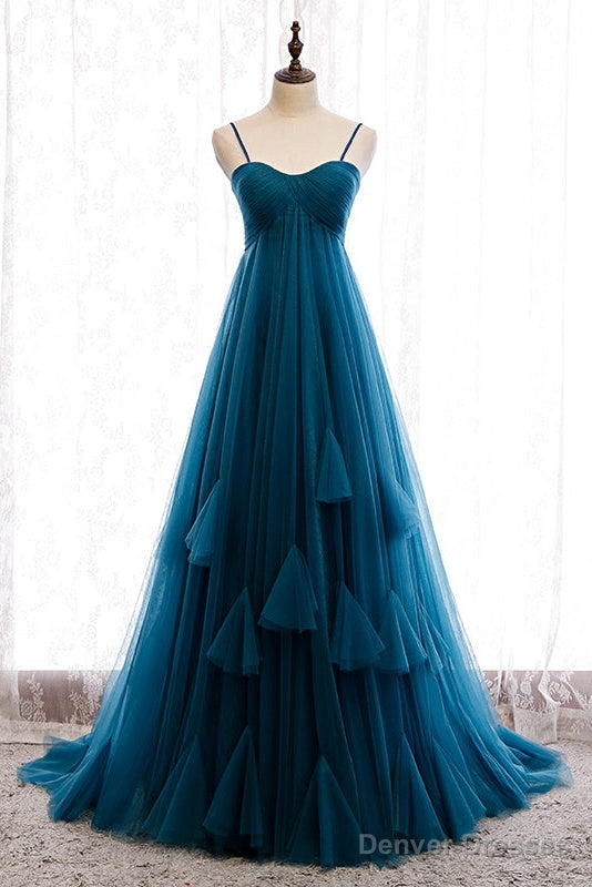 Beautiful Teal Blue Tulle Straps Long High Waist Prom Dress, Blue Evening Party Dresses Secondary image