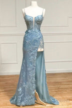 Beautiful Tiffany Blue Spaghetti Straps Tulle Applique Long Prom Dress Sequined Evening Dress With Slits