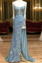 Beautiful Tiffany Blue Spaghetti Straps Tulle Applique Long Prom Dress Sequined Evening Dress With Slits