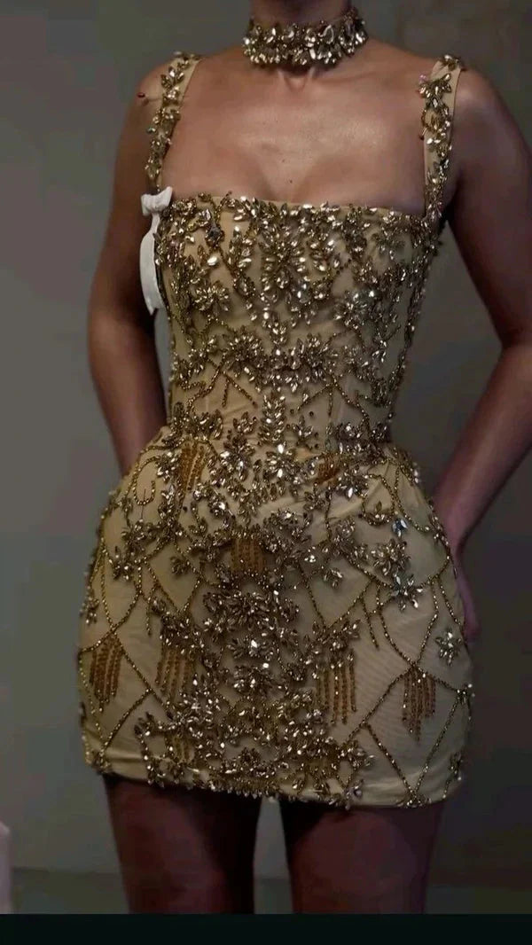 Beautiful Tight Square Neck Sleeveless Gold Short Formal 8Th Grade Homecoming Dress Summer Middle School Hoco Dress Homecoming Outfit Main image