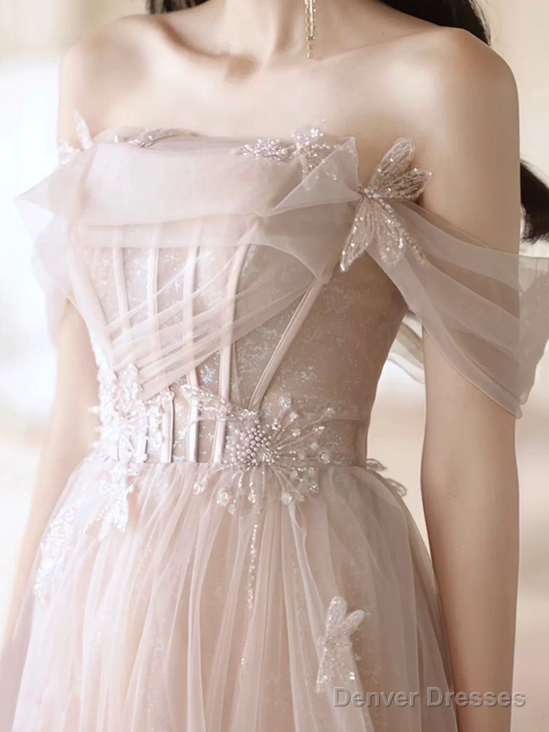 Beautiful Tulle Beaded Long Prom Dress, Light Pink Tulle Evening Dress