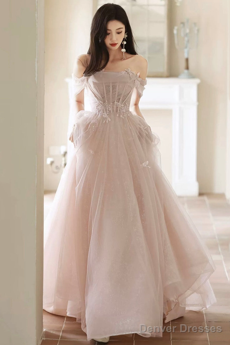 Beautiful Tulle Beaded Long Prom Dress, Light Pink Tulle Evening Dress