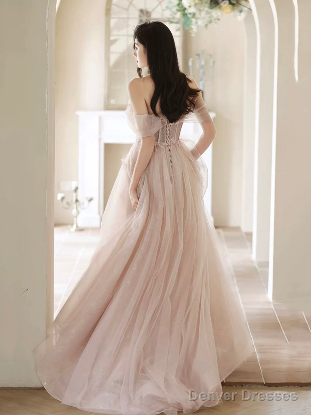Beautiful Tulle Beaded Long Prom Dress, Light Pink Tulle Evening Dress
