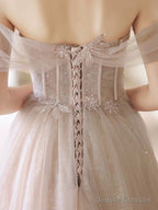 Beautiful Tulle Beaded Long Prom Dress, Light Pink Tulle Evening Dress