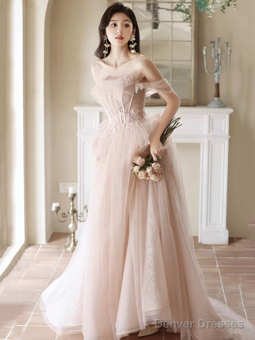 Beautiful Tulle Beaded Long Prom Dress, Light Pink Tulle Evening Dress